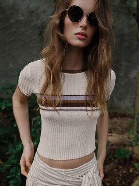 Zara Cream Ribbed Crop Top with Brown and blue Stripes